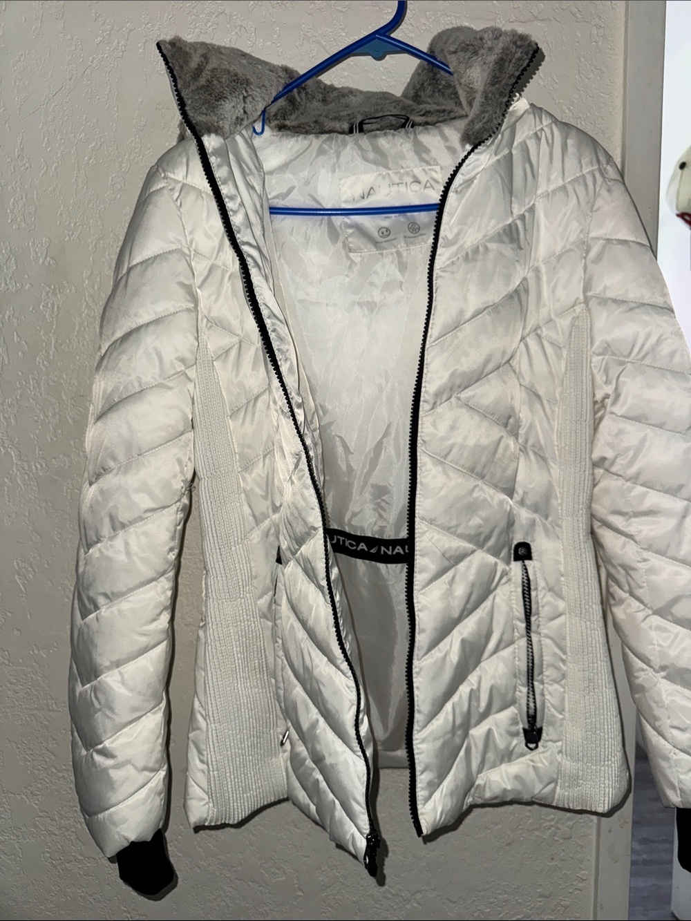 Nautica White Quilted Hooded Puffer with Faux-Fur Trim